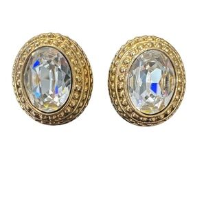 Vintage Earrings Alfred Sung Gold Plated Clear Swarovski Rhinestone Clip On